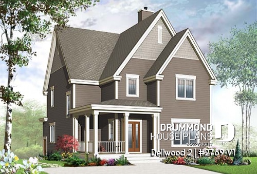 front - BASE MODEL - Budget-friendly Tudor house plan, large master suite, total 3 beds + home office, fireplace, laundry room - Dellwood 2