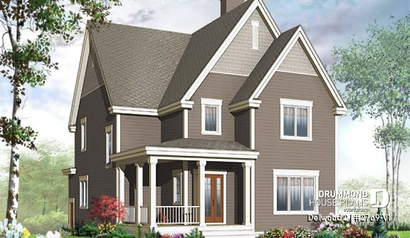 front - BASE MODEL - Budget-friendly Tudor house plan, large master suite, total 3 beds + home office, fireplace, laundry room - Dellwood 2