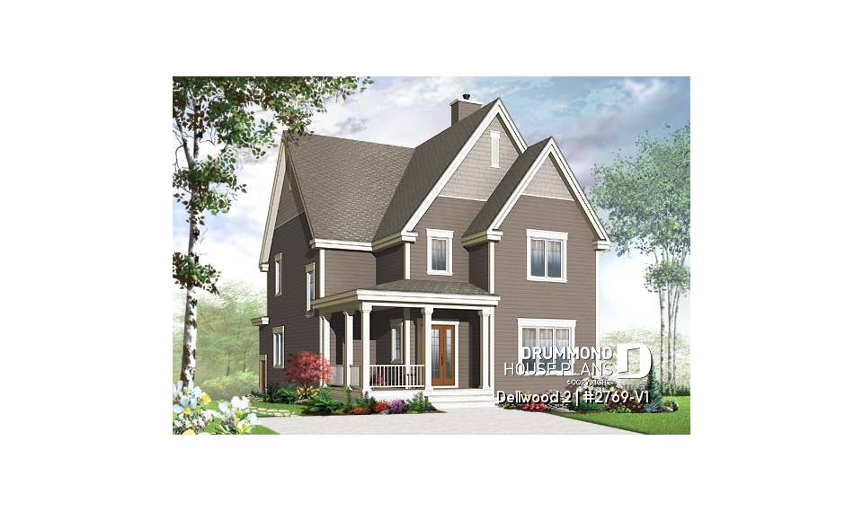 front - BASE MODEL - Budget-friendly Tudor house plan, large master suite, total 3 beds + home office, fireplace, laundry room - Dellwood 2