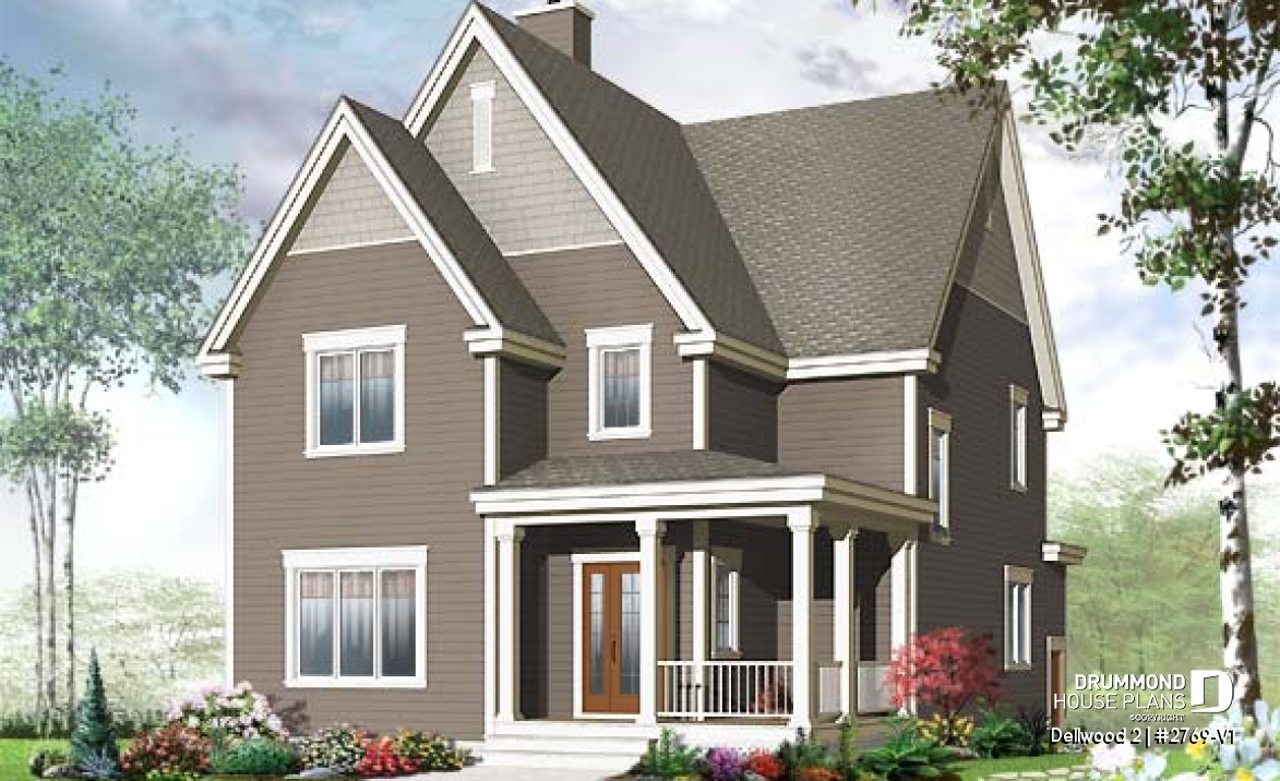front - BASE MODEL - Budget-friendly Tudor house plan, large master suite, total 3 beds + home office, fireplace, laundry room - Dellwood 2