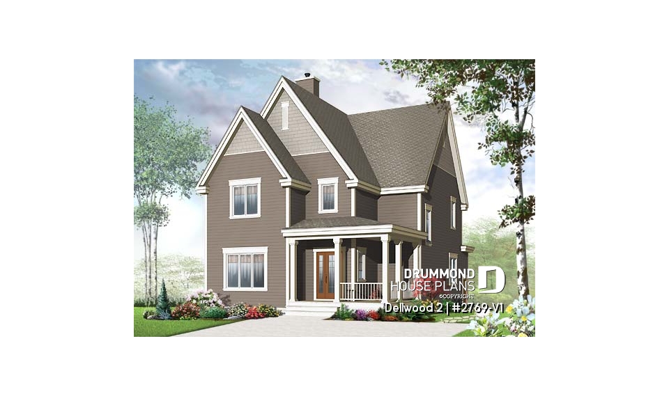 front - BASE MODEL - Budget-friendly Tudor house plan, large master suite, total 3 beds + home office, fireplace, laundry room - Dellwood 2
