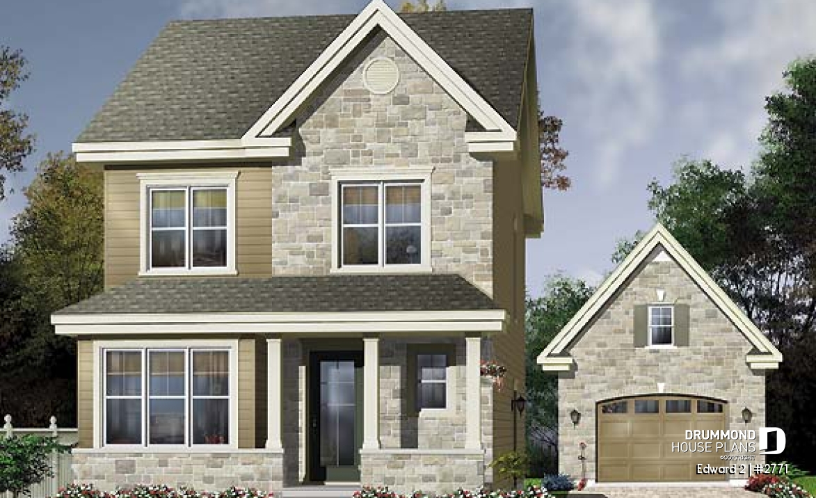 Color version 1 - Front - Economical craftsman home plan, 2 to 3 bedrooms, remarkable living room - Edward 2
