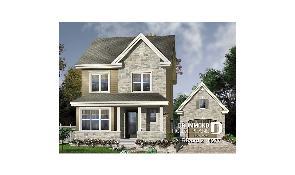 Color version 1 - Front - Economical craftsman home plan, 2 to 3 bedrooms, remarkable living room - Edward 2