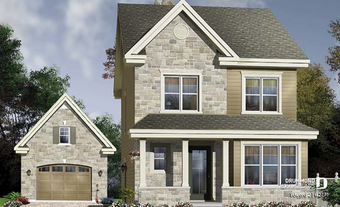 Color version 1 - Front - Economical craftsman home plan, 2 to 3 bedrooms, remarkable living room - Edward 2