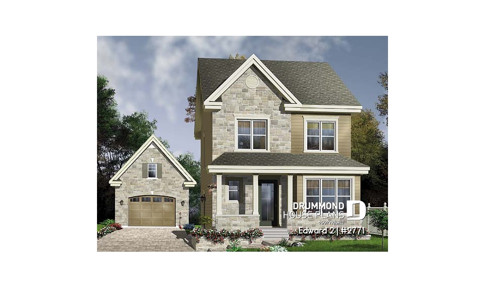 Color version 1 - Front - Economical craftsman home plan, 2 to 3 bedrooms, remarkable living room - Edward 2