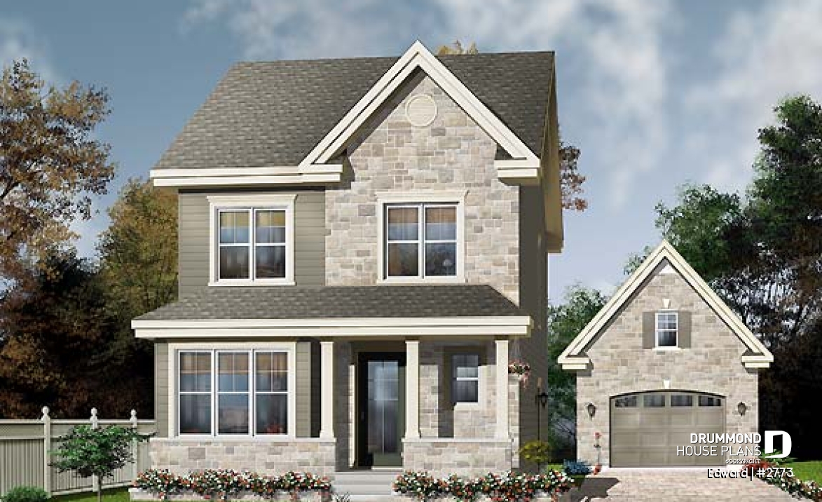 front - BASE MODEL - Narrow lot house plan with 3 bedrooms and home office, laundry on first floor - Edward