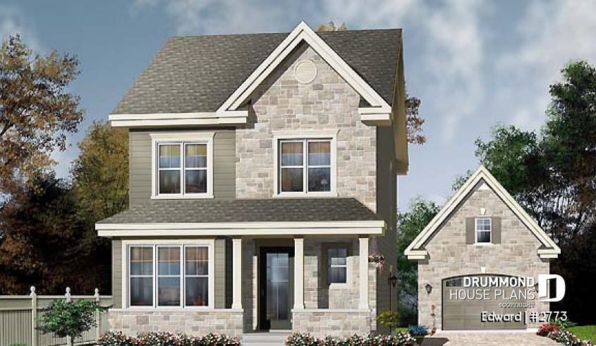 front - BASE MODEL - Narrow lot house plan with 3 bedrooms and home office, laundry on first floor - Edward