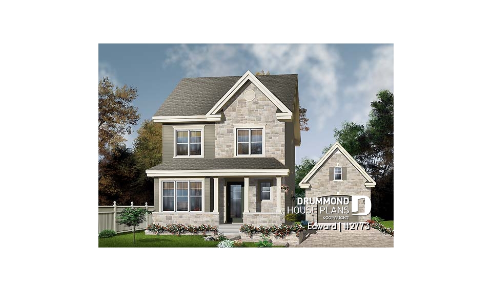 front - BASE MODEL - Narrow lot house plan with 3 bedrooms and home office, laundry on first floor - Edward