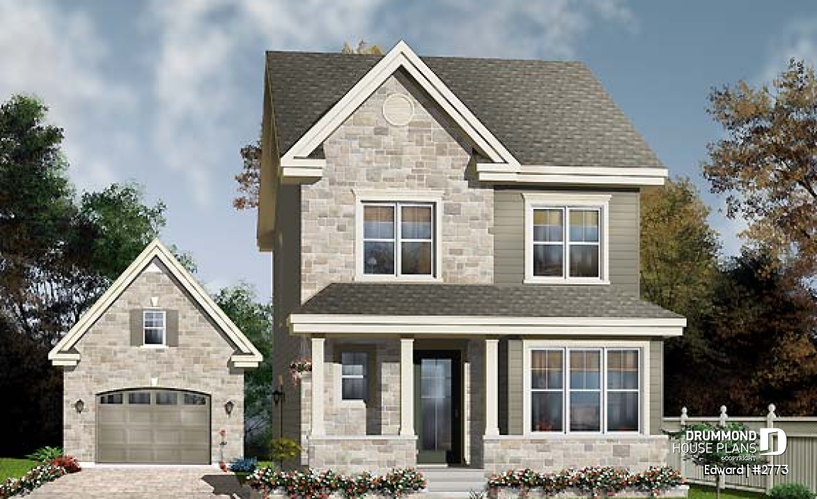 front - BASE MODEL - Narrow lot house plan with 3 bedrooms and home office, laundry on first floor - Edward