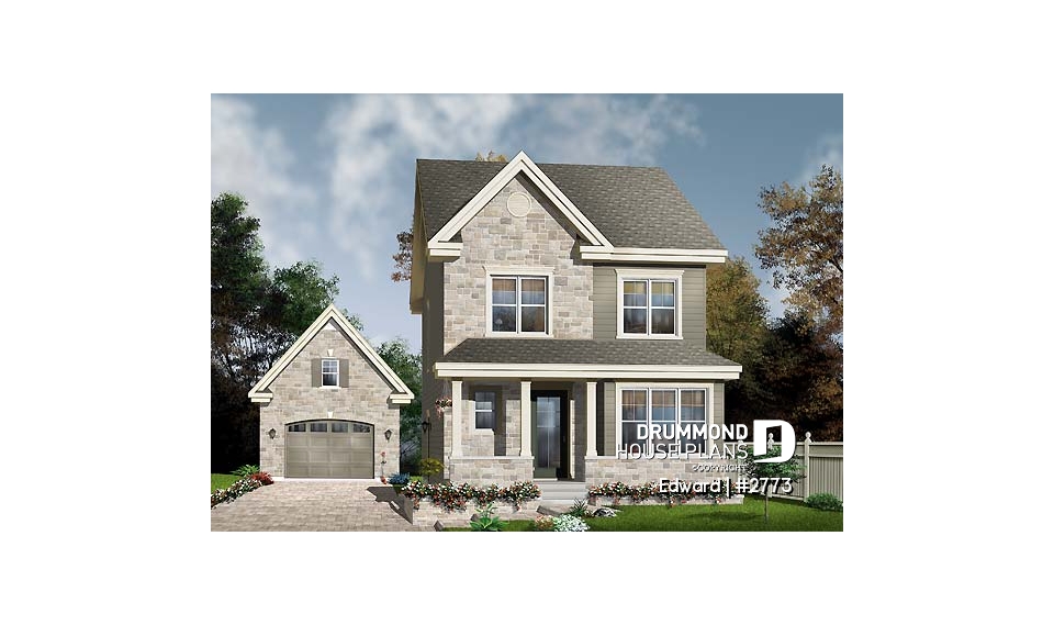 front - BASE MODEL - Narrow lot house plan with 3 bedrooms and home office, laundry on first floor - Edward