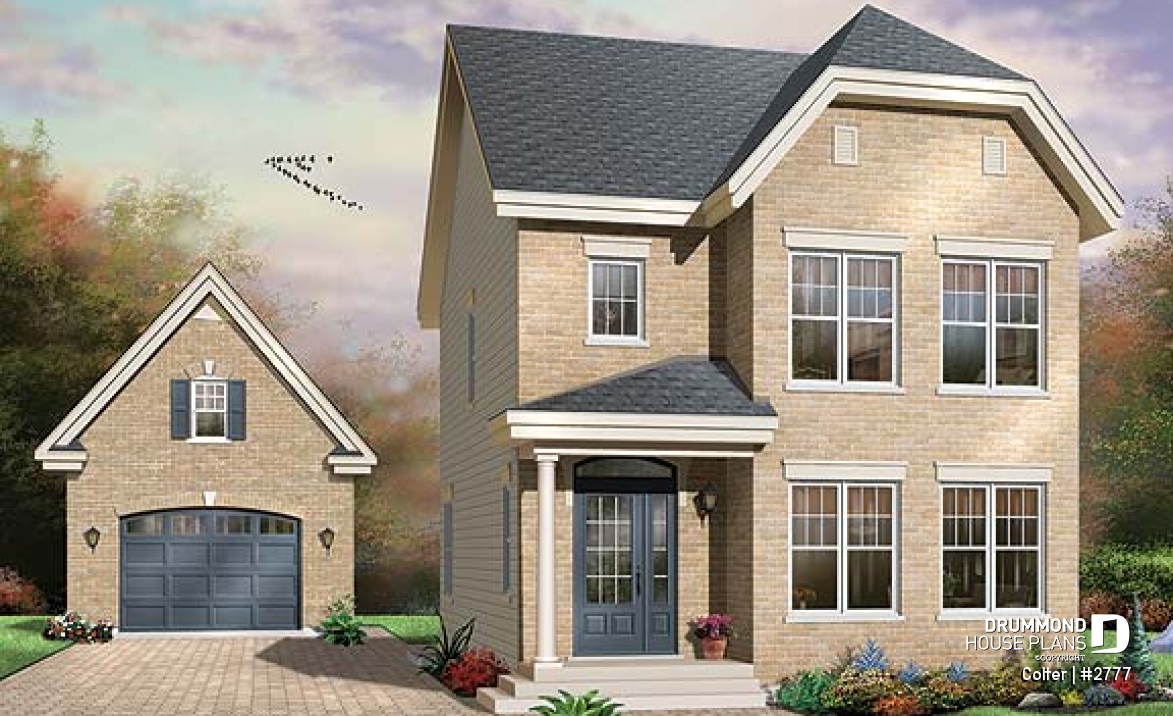 front - BASE MODEL - Narrow lot 3 bedroom low-budget house plan with breakfast nook, open concept dining and living room - Colter