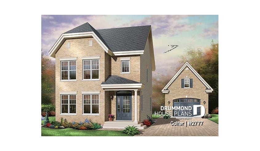 front - BASE MODEL - Narrow lot 3 bedroom low-budget house plan with breakfast nook, open concept dining and living room - Colter