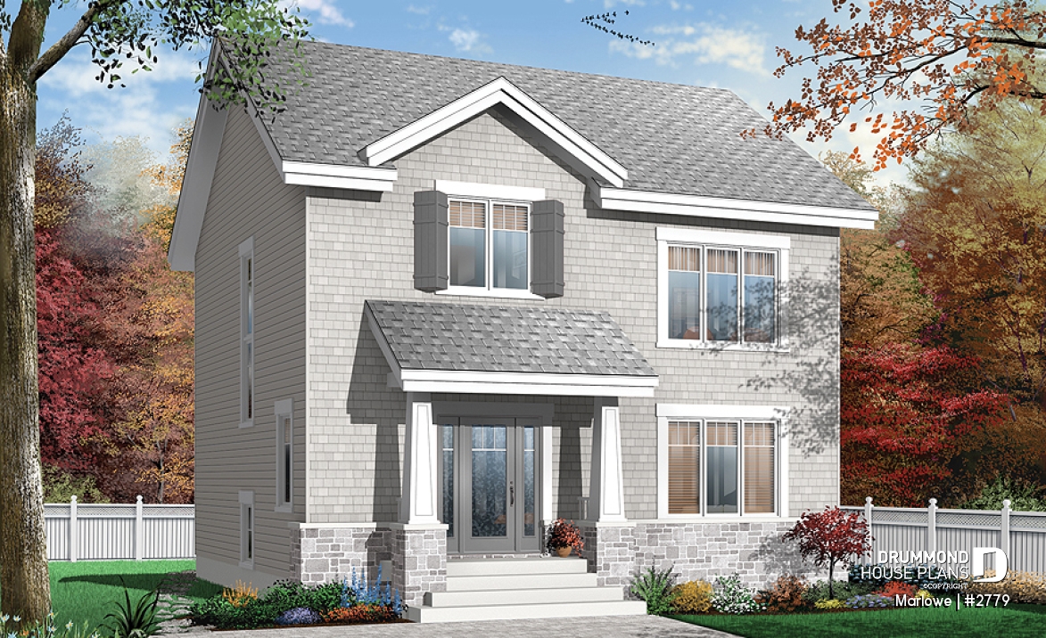 front - BASE MODEL - American 2 storey, 3 bedroom with walk-in closet in master bedroom, kitchen with island and pantry, fireplace - Marlowe