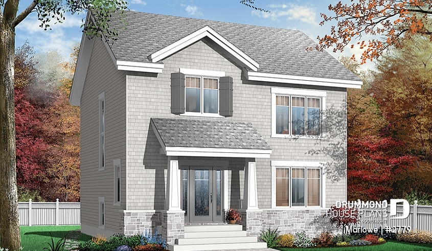 front - BASE MODEL - American 2 storey, 3 bedroom with walk-in closet in master bedroom, kitchen with island and pantry, fireplace - Marlowe