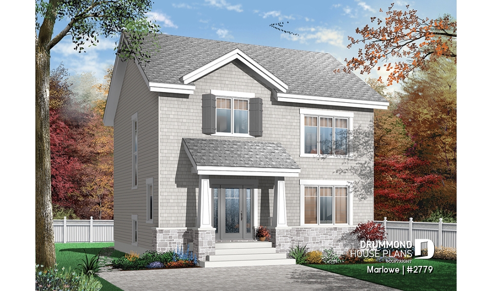 front - BASE MODEL - American 2 storey, 3 bedroom with walk-in closet in master bedroom, kitchen with island and pantry, fireplace - Marlowe