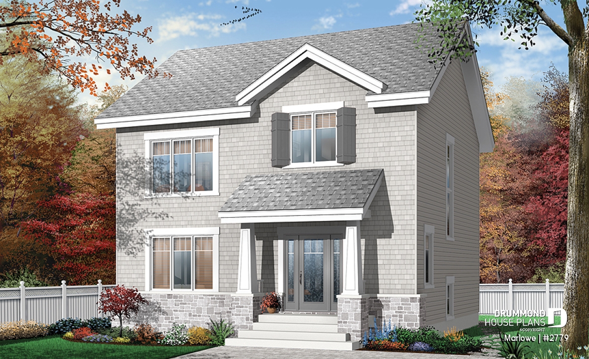 front - BASE MODEL - American 2 storey, 3 bedroom with walk-in closet in master bedroom, kitchen with island and pantry, fireplace - Marlowe