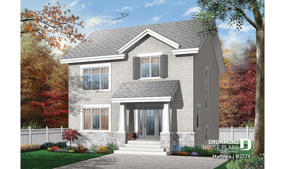 front - BASE MODEL - American 2 storey, 3 bedroom with walk-in closet in master bedroom, kitchen with island and pantry, fireplace - Marlowe