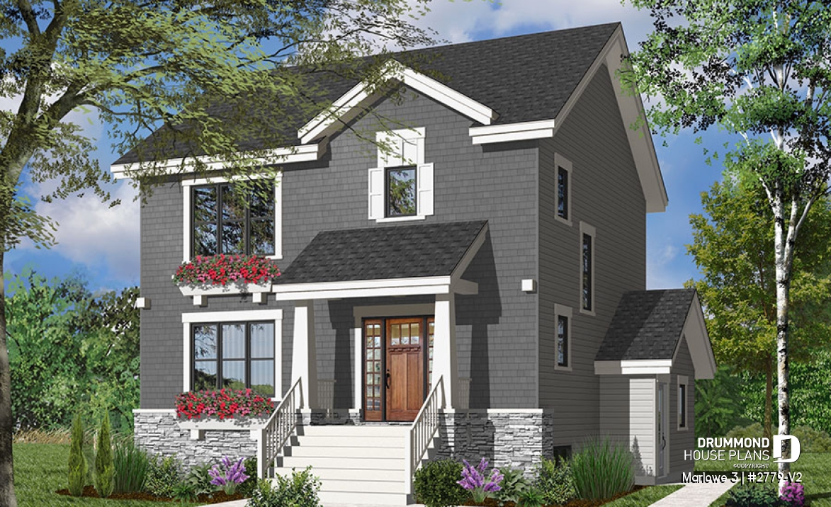 Color version 1 - Front - 3 bedroom house plan with basement apartment, laundry room on main floor, fireplace - Marlowe 3