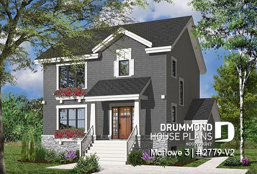 Color version 1 - Front - 3 bedroom house plan with basement apartment, laundry room on main floor, fireplace - Marlowe 3