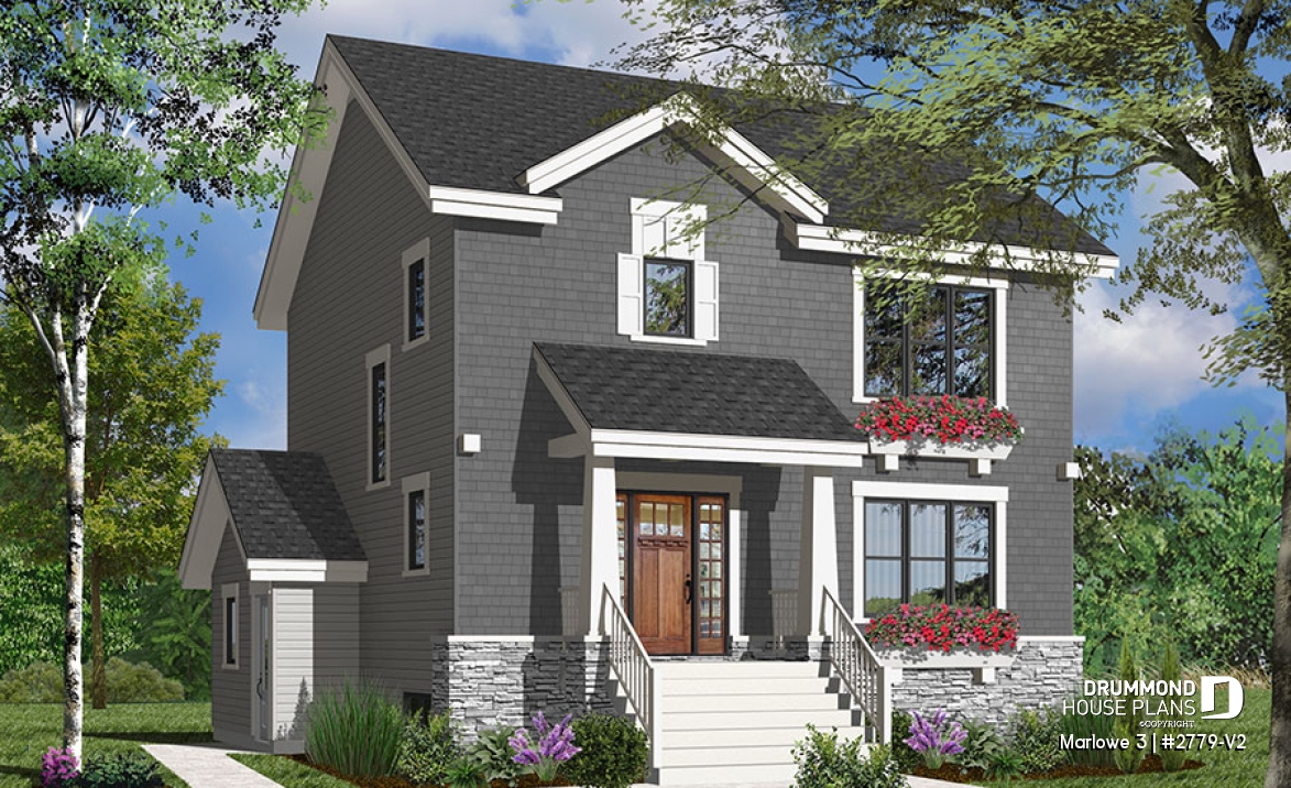 Color version 1 - Front - 3 bedroom house plan with basement apartment, laundry room on main floor, fireplace - Marlowe 3