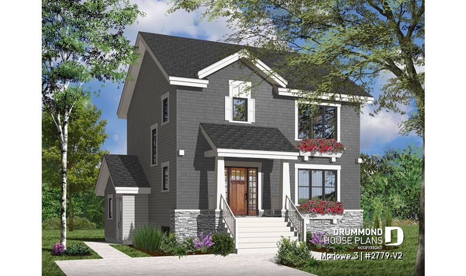Color version 1 - Front - 3 bedroom house plan with basement apartment, laundry room on main floor, fireplace - Marlowe 3