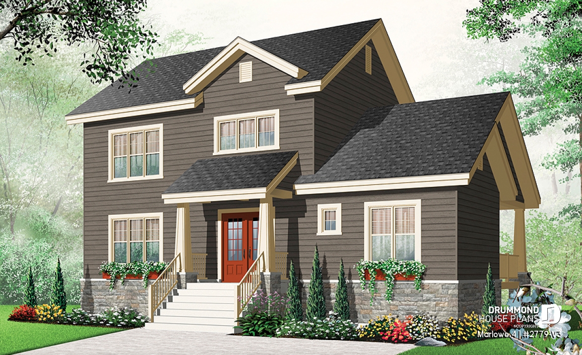 front - BASE MODEL - Craftsman style small home, 3 bedrooms, home office and large covered terrace - Marlowe 4