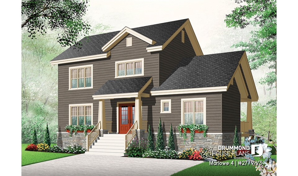 front - BASE MODEL - Craftsman style small home, 3 bedrooms, home office and large covered terrace - Marlowe 4