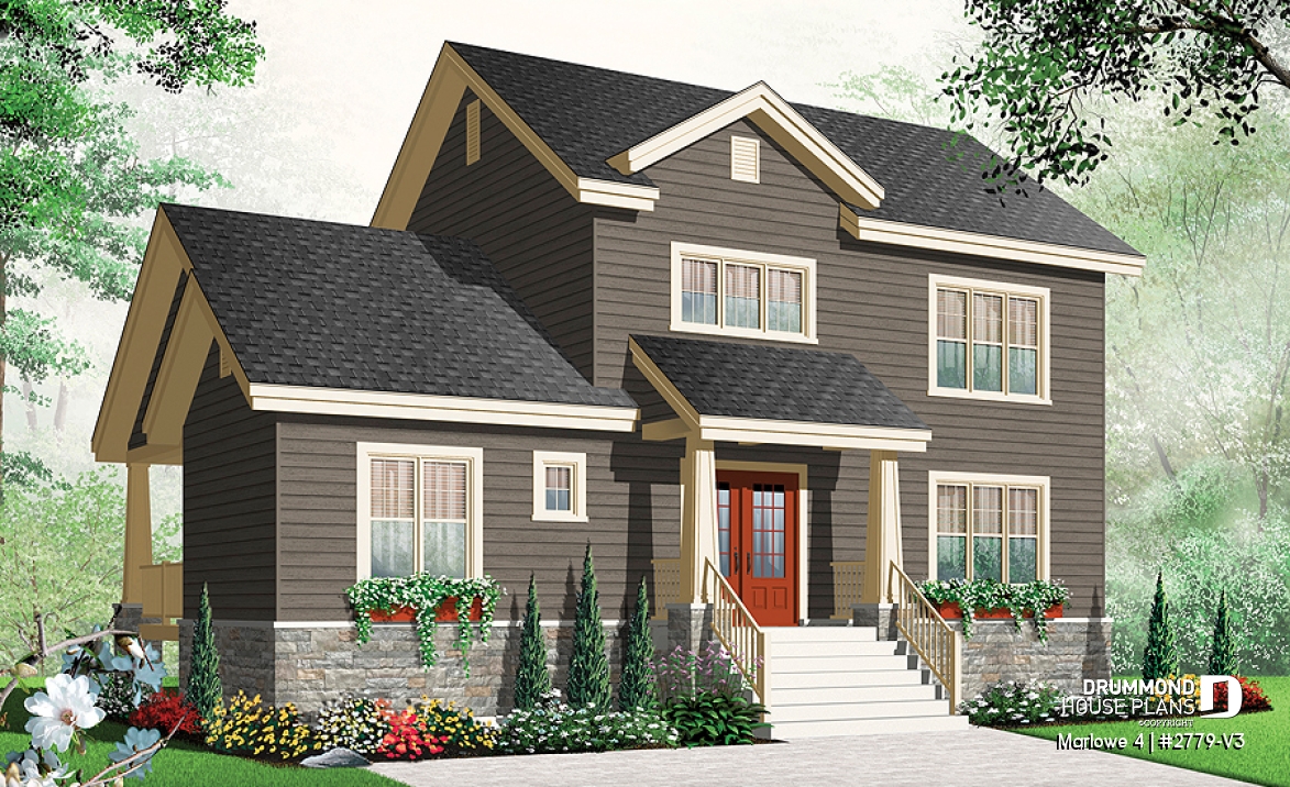 front - BASE MODEL - Craftsman style small home, 3 bedrooms, home office and large covered terrace - Marlowe 4