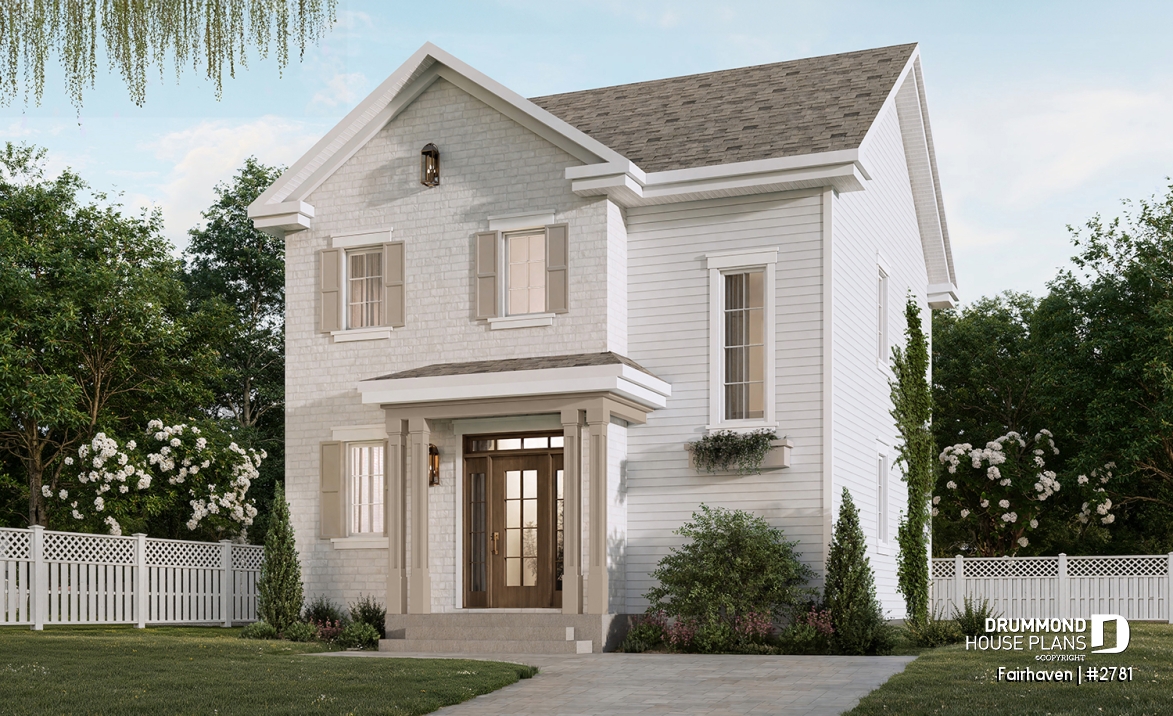 front - BASE MODEL - English Cottage style two-story house plan with optional finished basement. - Fairhaven