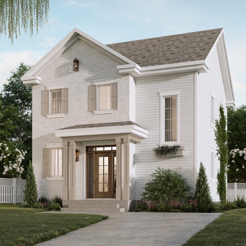 front - BASE MODEL - English Cottage style two-story house plan with optional finished basement. - Fairhaven