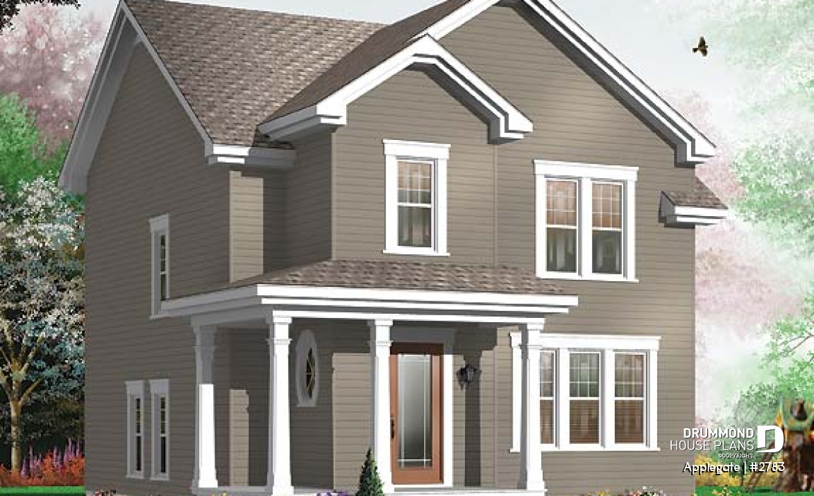front - BASE MODEL - Budget friendly house plan, 2 storey country style, 3 large bedrooms, laundry room on first floor - Applegate