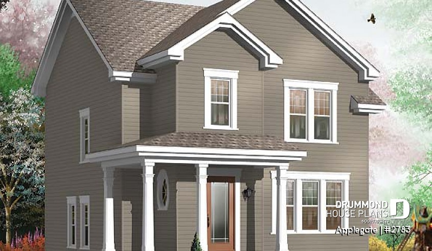 front - BASE MODEL - Budget friendly house plan, 2 storey country style, 3 large bedrooms, laundry room on first floor - Applegate