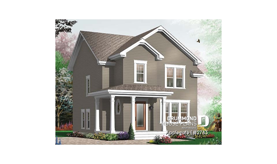 front - BASE MODEL - Budget friendly house plan, 2 storey country style, 3 large bedrooms, laundry room on first floor - Applegate