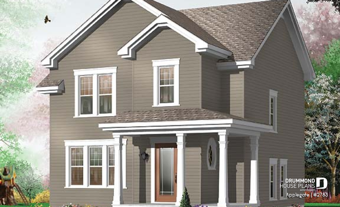 front - BASE MODEL - Budget friendly house plan, 2 storey country style, 3 large bedrooms, laundry room on first floor - Applegate