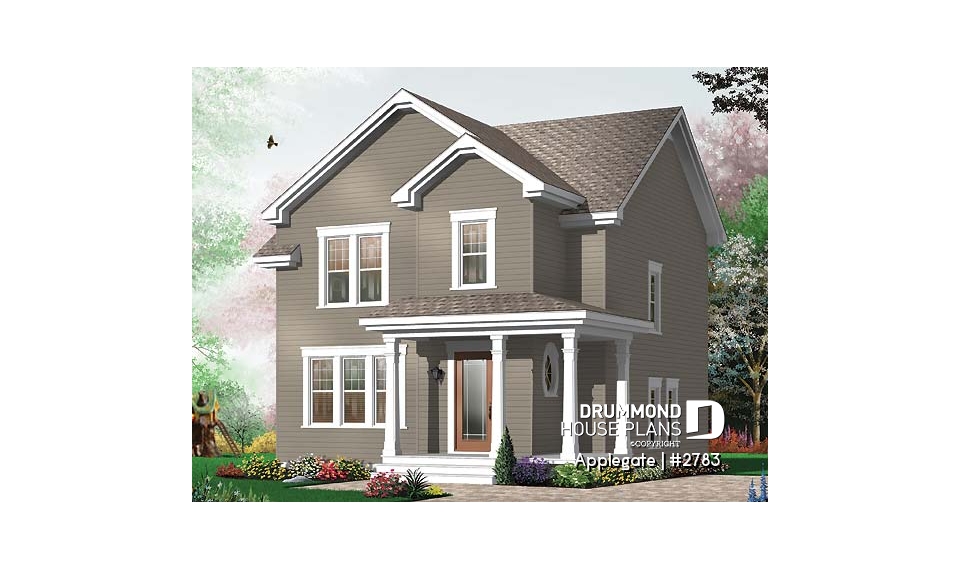 front - BASE MODEL - Budget friendly house plan, 2 storey country style, 3 large bedrooms, laundry room on first floor - Applegate