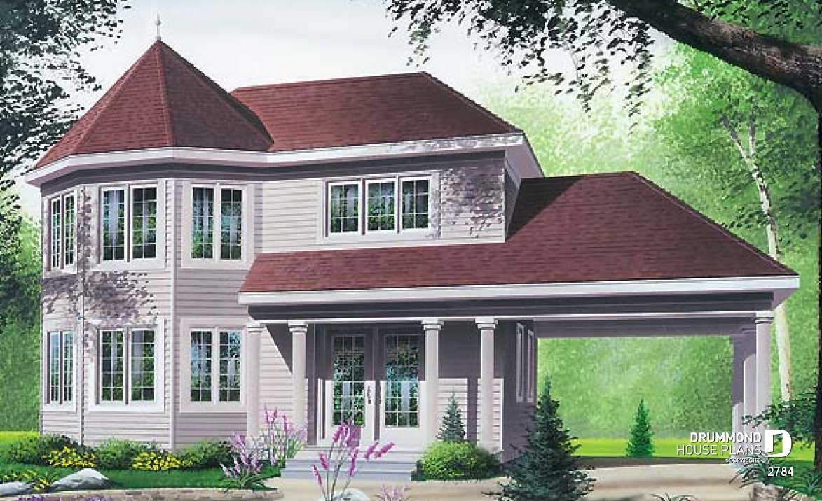 front - BASE MODEL - Two-storey victorian  style house plan with carport, large master bedroom in turret, and with walk-in - 