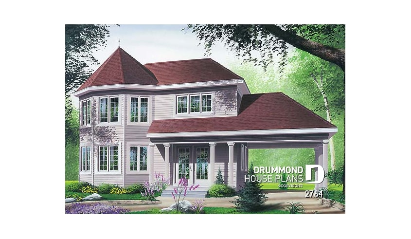 front - BASE MODEL - Two-storey victorian  style house plan with carport, large master bedroom in turret, and with walk-in - 