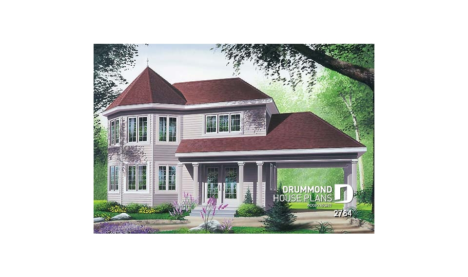 front - BASE MODEL - Two-storey victorian  style house plan with carport, large master bedroom in turret, and with walk-in - 