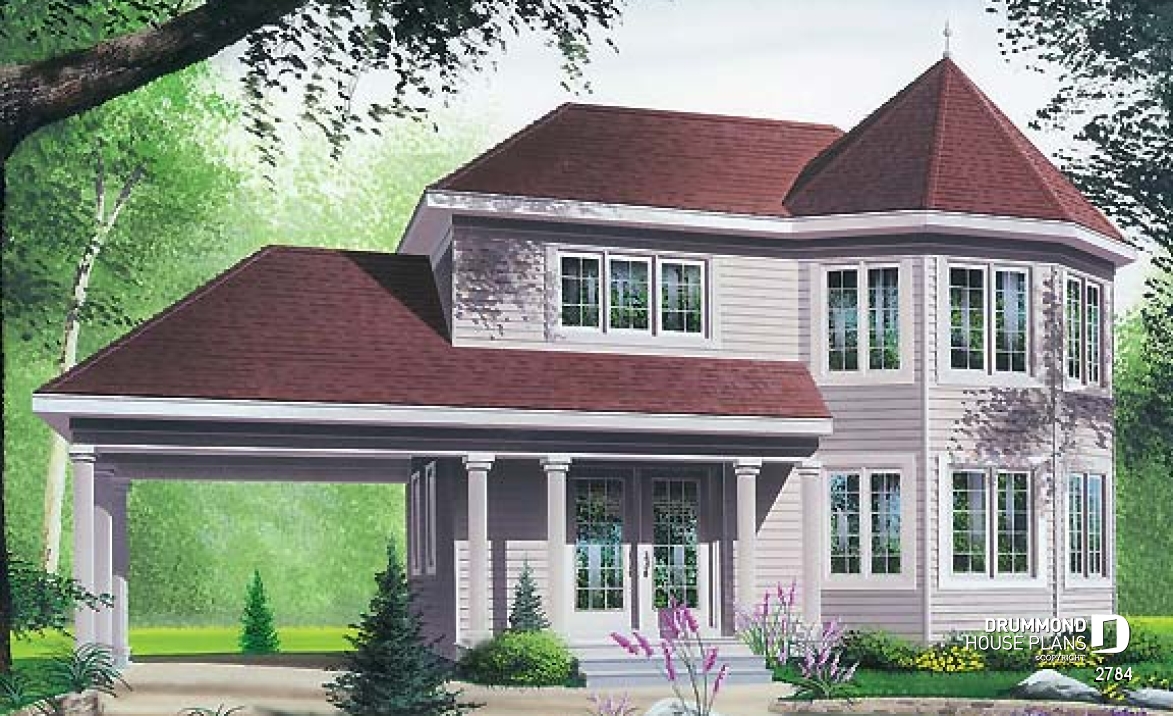front - BASE MODEL - Two-storey victorian  style house plan with carport, large master bedroom in turret, and with walk-in - 