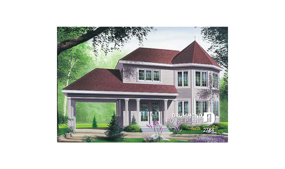 front - BASE MODEL - Two-storey victorian  style house plan with carport, large master bedroom in turret, and with walk-in - 
