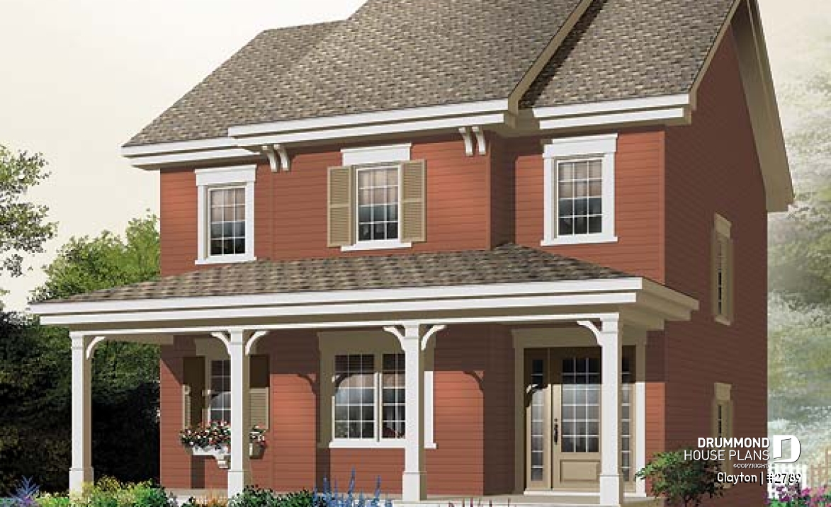 front - BASE MODEL - Country style 2 storey house plan. 3 bedrooms. a veranda and a covered porch - Clayton