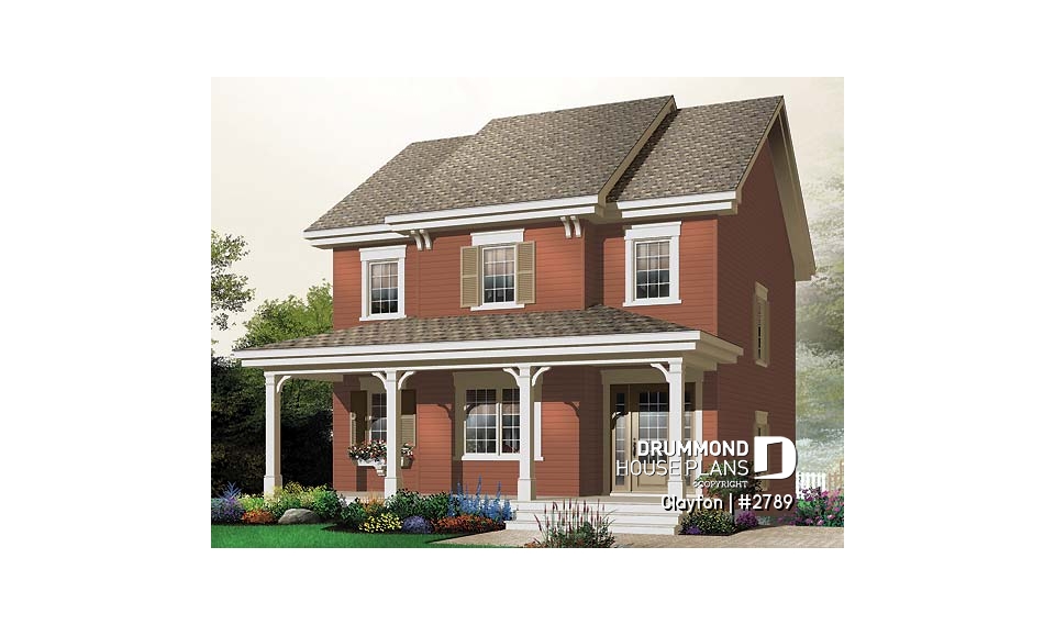 front - BASE MODEL - Country style 2 storey house plan. 3 bedrooms. a veranda and a covered porch - Clayton