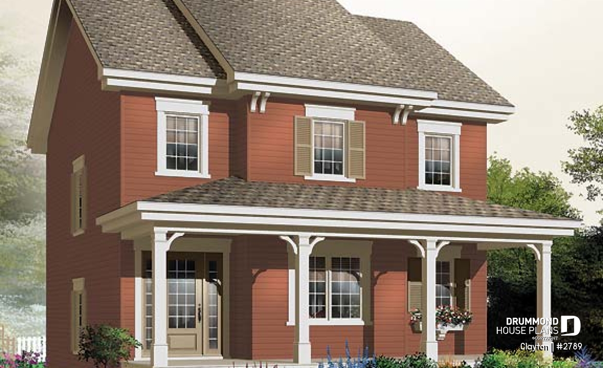 front - BASE MODEL - Country style 2 storey house plan. 3 bedrooms. a veranda and a covered porch - Clayton