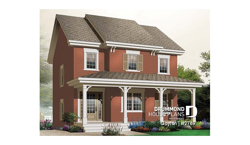 front - BASE MODEL - Country style 2 storey house plan. 3 bedrooms. a veranda and a covered porch - Clayton