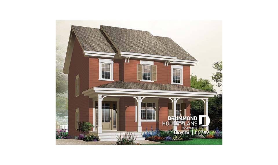 front - BASE MODEL - Country style 2 storey house plan. 3 bedrooms. a veranda and a covered porch - Clayton