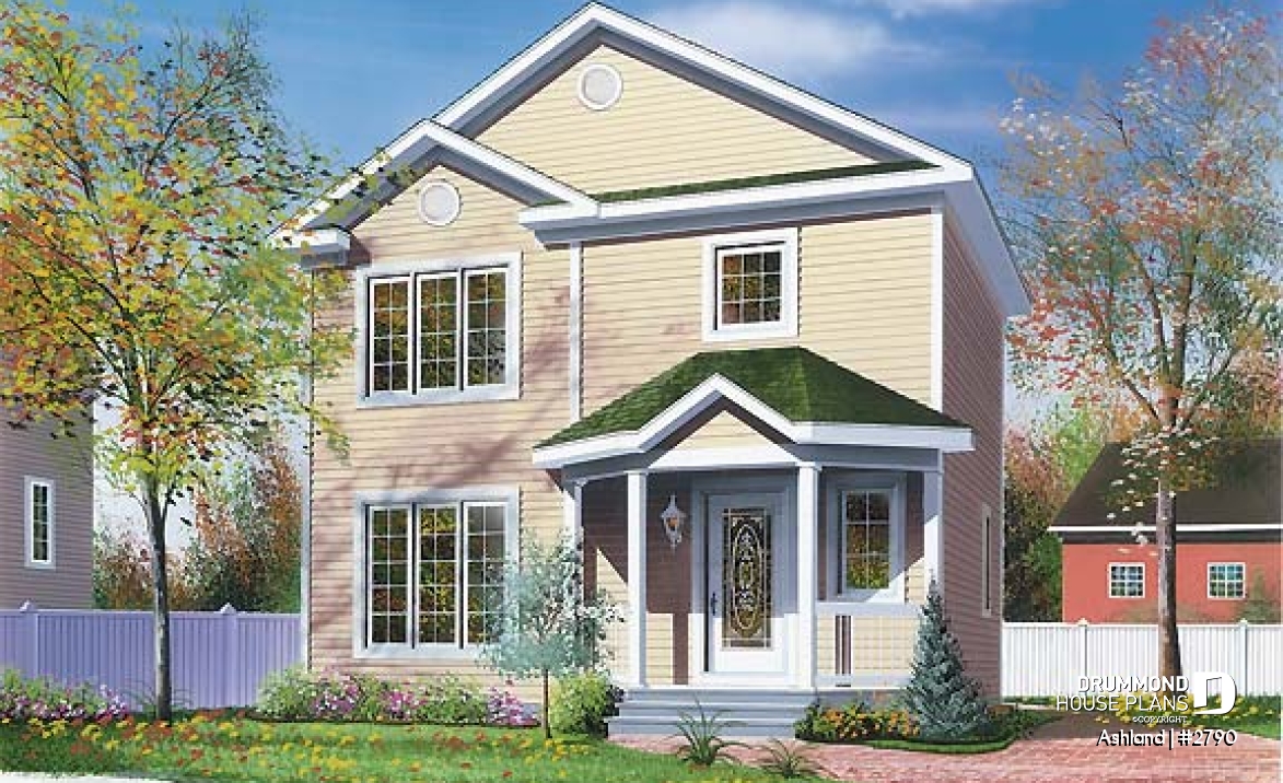 front - BASE MODEL - 3 bedroom cottage house plan, laundry room on main floor, low-budget construction - Ashland