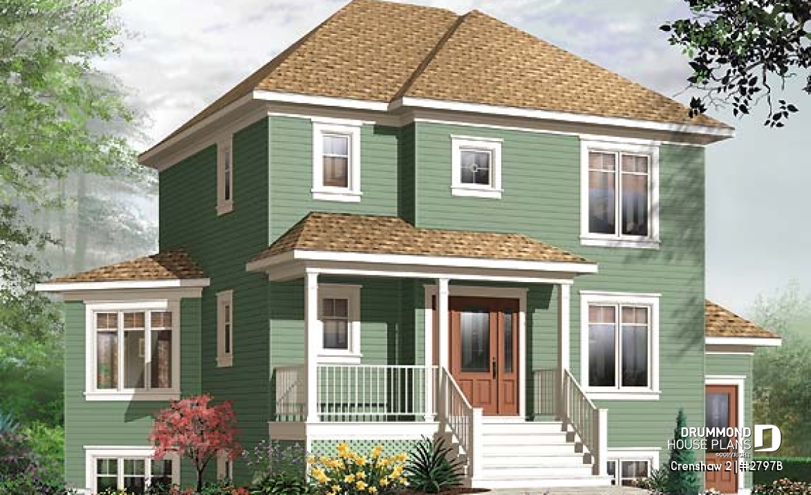 front - BASE MODEL - Afflordable house plan with basement apartment, 3 to 4 bedrooms on main unit, home office, lot of light - Crenshaw 2