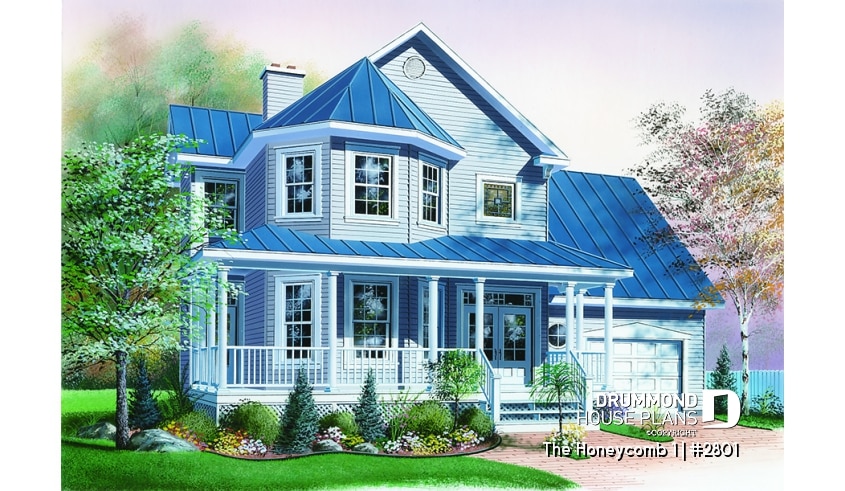 front - BASE MODEL - 3 bedroom Victorian style house plan, large bonus room above garage, two-sided fireplace, 2-car garage - The Honeycomb 1
