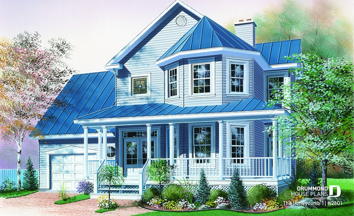 front - BASE MODEL - 3 bedroom Victorian style house plan, large bonus room above garage, two-sided fireplace, 2-car garage - The Honeycomb 1