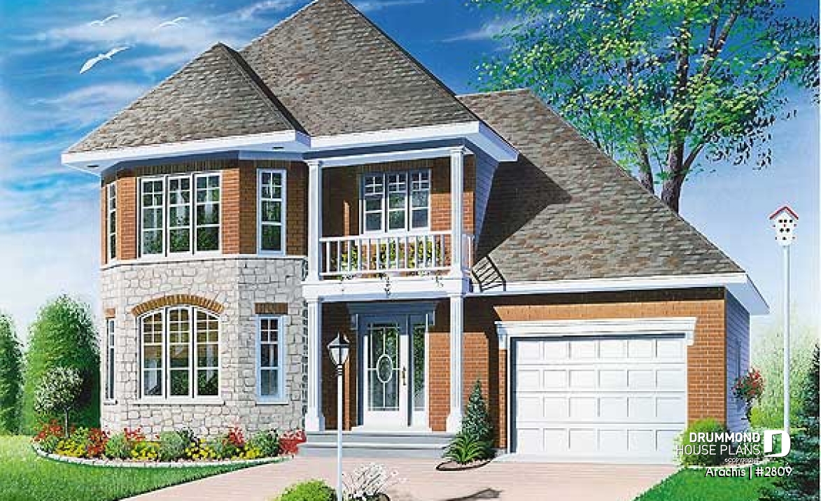 front - BASE MODEL - 2-storey house plan with 3 bedrooms and a garage, french door in living room - Arachis